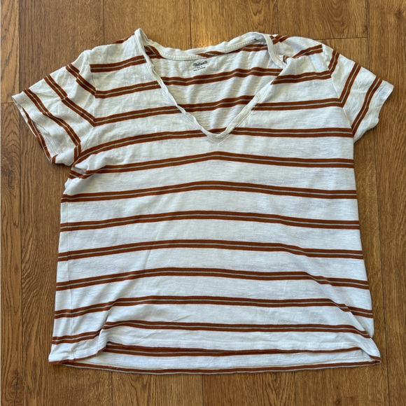 Madewell V-Neck Tee with Brown and White Stripes - Picture 1 of 4